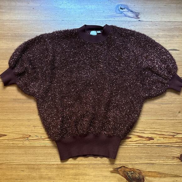 Anthropologie Maeve Violetta brown short sleeve tinsel open back sweater SIZE M - Picture 1 of 7